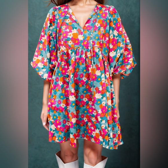 Floral Tie Neck Puff Sleeve Mini Dress - Picture 2 of 8